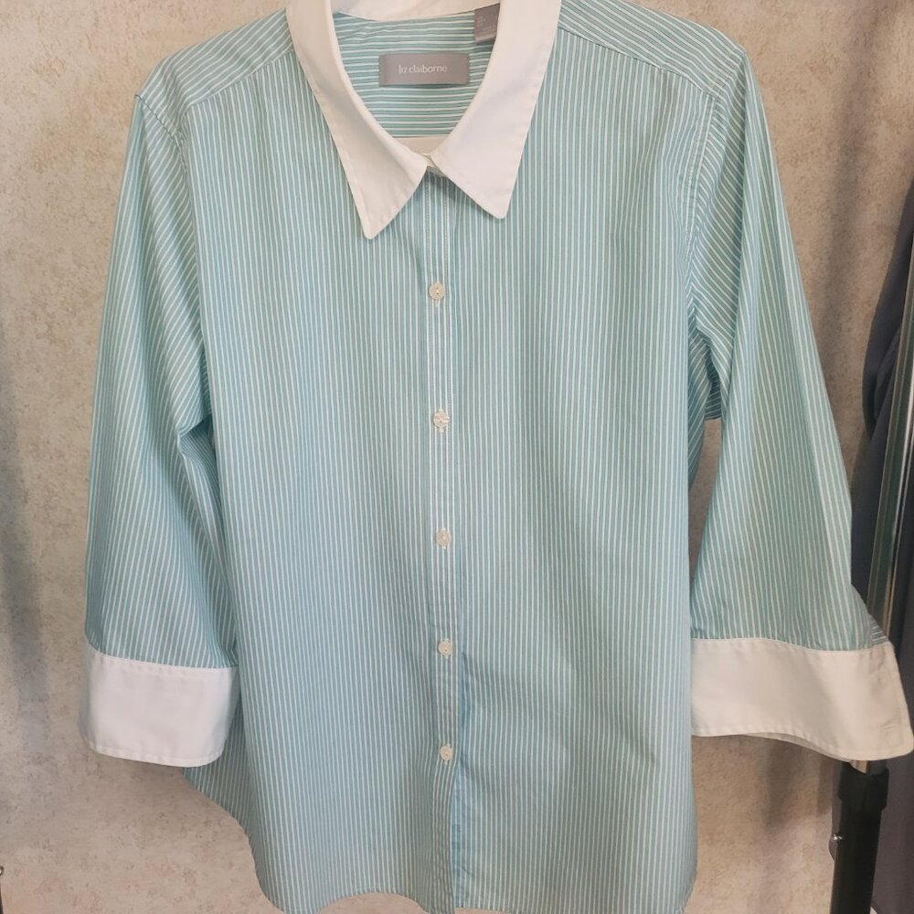 Teal Blue & White Pin Stripe Blouse XL Liz Claiborne - Picture 2 of 16